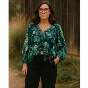 Johnny Was Workshop Blue Green Embroidered Trim Floral Top Tassels XS Bloomcore